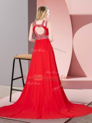 Red Scoop Backless Beading Prom Dress Brush Train Sleeveless