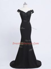 Exquisite Black Mermaid Lace and Appliques and Belt Dress for Prom Zipper Chiffon and Tulle Sleeveless