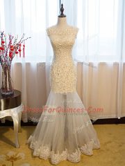 Tulle Scoop Sleeveless Side Zipper Beading and Lace and Appliques Prom Dress in Eggplant Purple