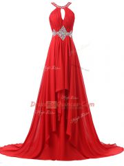Halter Top Sleeveless Brush Train Lace Up Red Chiffon