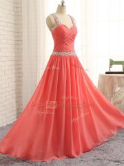 Artistic Floor Length Criss Cross Prom Evening Gown Watermelon Red for Prom and Party and Wedding Party with Beading and Ruching