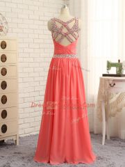 Artistic Floor Length Criss Cross Prom Evening Gown Watermelon Red for Prom and Party and Wedding Party with Beading and Ruching
