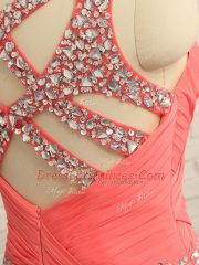 Artistic Floor Length Criss Cross Prom Evening Gown Watermelon Red for Prom and Party and Wedding Party with Beading and Ruching
