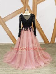 Attractive Long Sleeves Lace and Appliques and Sashes ribbons Zipper Prom Dress with Pink And Black Brush Train