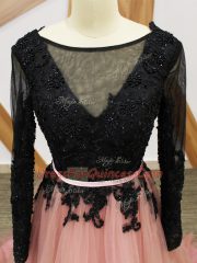 Attractive Long Sleeves Lace and Appliques and Sashes ribbons Zipper Prom Dress with Pink And Black Brush Train