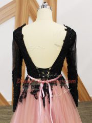 Attractive Long Sleeves Lace and Appliques and Sashes ribbons Zipper Prom Dress with Pink And Black Brush Train