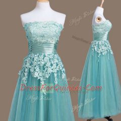 Strapless Sleeveless Quinceanera Dama Dress Tea Length Appliques Light Blue Tulle