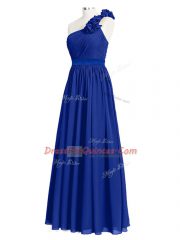 New Style Royal Blue Empire One Shoulder Sleeveless Chiffon Floor Length Zipper Ruffles and Ruching Vestidos de Damas