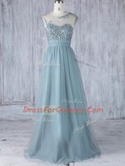 Custom Designed Floor Length Empire Cap Sleeves Grey Dama Dress Zipper