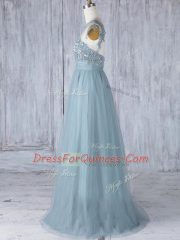 Custom Designed Floor Length Empire Cap Sleeves Grey Dama Dress Zipper
