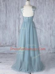 Custom Designed Floor Length Empire Cap Sleeves Grey Dama Dress Zipper