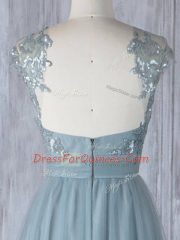 Custom Designed Floor Length Empire Cap Sleeves Grey Dama Dress Zipper