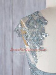 Custom Designed Floor Length Empire Cap Sleeves Grey Dama Dress Zipper