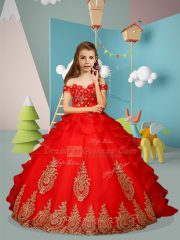 Red Ball Gowns Appliques and Embroidery Little Girl Pageant Gowns Lace Up Tulle Sleeveless Floor Length