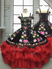 Unique Red And Black Ball Gowns Embroidery and Ruffled Layers Little Girls Pageant Dress Wholesale Lace Up Organza Sleeveless Floor Length