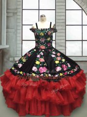 Unique Red And Black Ball Gowns Embroidery and Ruffled Layers Little Girls Pageant Dress Wholesale Lace Up Organza Sleeveless Floor Length