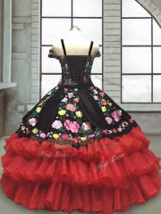 Unique Red And Black Ball Gowns Embroidery and Ruffled Layers Little Girls Pageant Dress Wholesale Lace Up Organza Sleeveless Floor Length