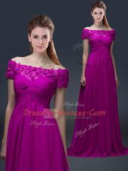 Fuchsia Short Sleeves Floor Length Appliques Lace Up Homecoming Dress