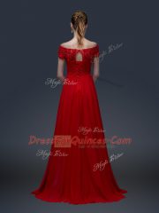 Fuchsia Short Sleeves Floor Length Appliques Lace Up Homecoming Dress