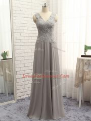 Grey V-neck Neckline Lace and Appliques Dress for Prom Sleeveless Zipper