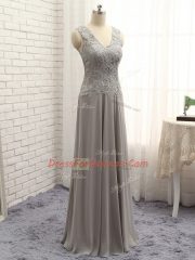 Grey V-neck Neckline Lace and Appliques Dress for Prom Sleeveless Zipper