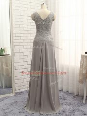 Grey V-neck Neckline Lace and Appliques Dress for Prom Sleeveless Zipper
