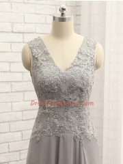 Grey V-neck Neckline Lace and Appliques Dress for Prom Sleeveless Zipper