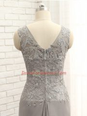 Grey V-neck Neckline Lace and Appliques Dress for Prom Sleeveless Zipper