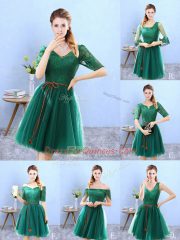 Green V-neck Backless Lace Quinceanera Court Dresses Half Sleeves