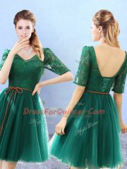 Green V-neck Backless Lace Quinceanera Court Dresses Half Sleeves