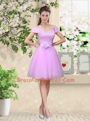 Lilac Sweetheart Neckline Lace and Belt Dama Dress Sleeveless Lace Up
