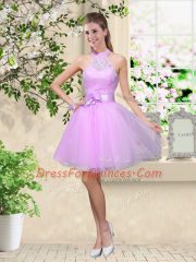 Lilac Sweetheart Neckline Lace and Belt Dama Dress Sleeveless Lace Up