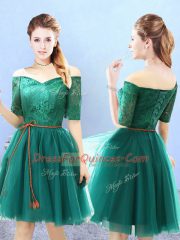 Colorful Green A-line Lace Damas Dress Lace Up Tulle Half Sleeves Knee Length