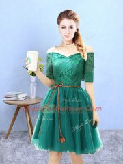 Colorful Green A-line Lace Damas Dress Lace Up Tulle Half Sleeves Knee Length