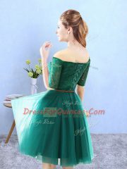 Colorful Green A-line Lace Damas Dress Lace Up Tulle Half Sleeves Knee Length