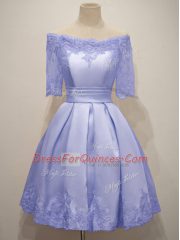 Fabulous Lavender Dama Dress for Quinceanera Prom and Party and Wedding Party with Lace Off The Shoulder Half Sleeves Lace Up