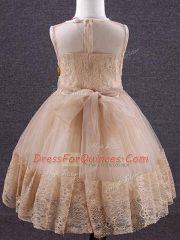 Champagne Ball Gowns Scoop Sleeveless Tulle Knee Length Zipper Lace and Hand Made Flower Little Girl Pageant Gowns