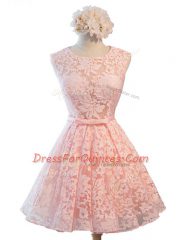 A-line Dama Dress for Quinceanera Pink Scoop Lace Sleeveless Knee Length Lace Up