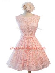A-line Dama Dress for Quinceanera Pink Scoop Lace Sleeveless Knee Length Lace Up