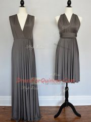 Nice Grey Empire V-neck Sleeveless Chiffon Floor Length Lace Up Ruching Dama Dress