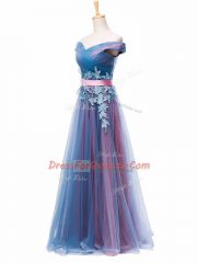 Dramatic Tulle Sleeveless Floor Length Prom Dresses and Appliques and Ruching and Belt
