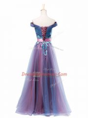 Dramatic Tulle Sleeveless Floor Length Prom Dresses and Appliques and Ruching and Belt