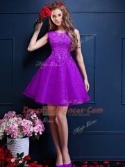 Inexpensive Eggplant Purple Lace Up Quinceanera Court Dresses Beading and Lace Sleeveless Knee Length
