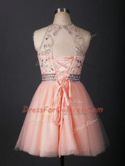Deluxe Peach Scoop Lace Up Beading Evening Dress Sleeveless