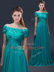 Chiffon Off The Shoulder Short Sleeves Lace Up Appliques in Teal