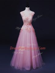 Artistic Baby Pink Sleeveless Tulle Lace Up Prom Gown for Prom and Party