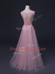 Artistic Baby Pink Sleeveless Tulle Lace Up Prom Gown for Prom and Party