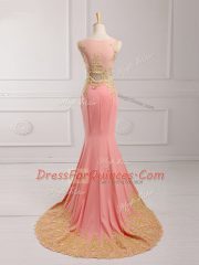 Admirable Watermelon Red Sleeveless Brush Train Lace and Appliques Homecoming Dress