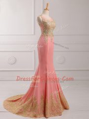 Admirable Watermelon Red Sleeveless Brush Train Lace and Appliques Homecoming Dress