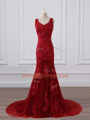 Superior Red Zipper Evening Dress Lace and Appliques Sleeveless Brush Train